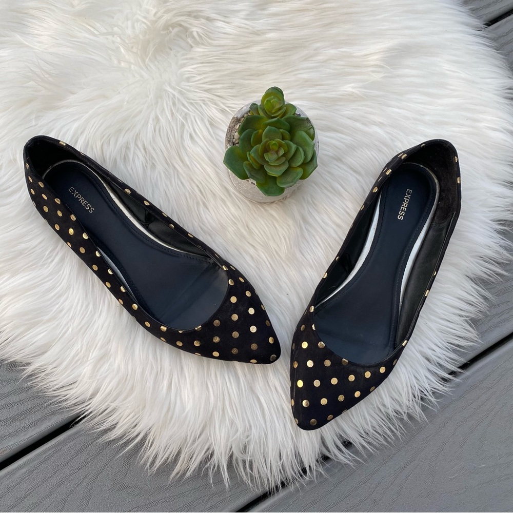 Express black pointed toe flats with metallic gold polka dots